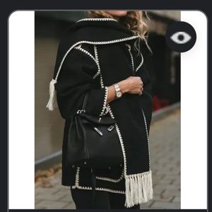 JING US Black Contrast Drop Shoulder Wool-Blend Tweed Coat with Scarf